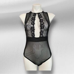 COPY - NWT Black Mesh One Piece Bodysuit Lingerie Embroidered Lace Details Cut …
